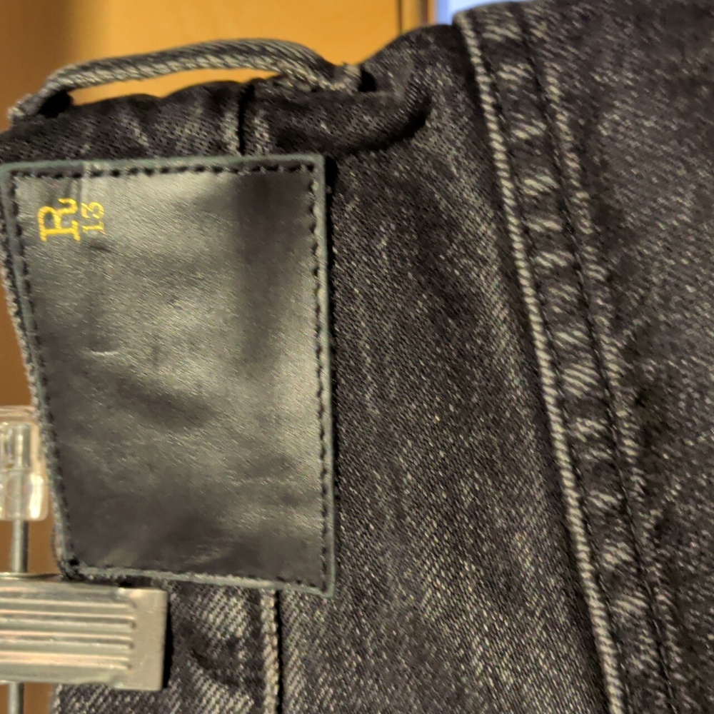 R13 Distressed Taylored Crop Relaxed Jeans In Eton Black Selvedge - Picture 4 of 5
